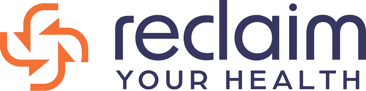 Company logo for "reclaim YOUR HEALTH" featuring an orange circular icon made of four interlocking arrows to the left of the text in navy blue and orange.