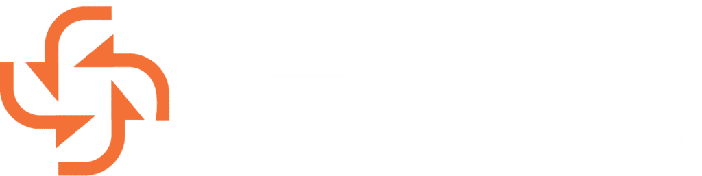 Company logo for "reclaim YOUR HEALTH" featuring an orange circular icon made of four interlocking arrows to the left of the text in navy blue and orange.