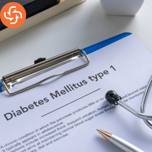 Clipboard with a medical report titled Diabetes Mellitus Type 1, alongside a stethoscope and pen, representing diabetes awareness and management.