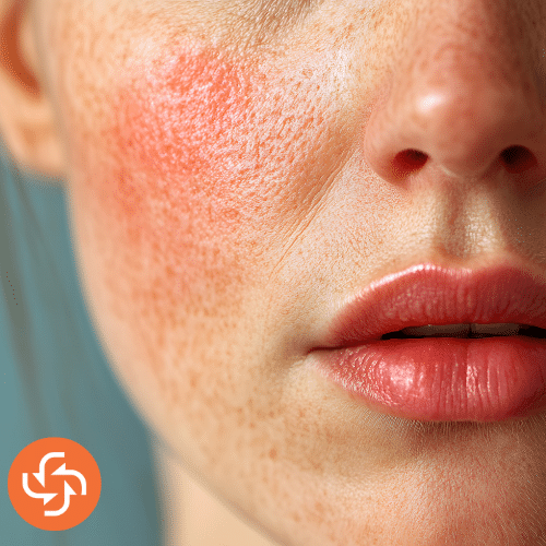 Close-up of lower face and cheeks of a woman with visible redness and irritation, indicating rosacea or skin inflammation.