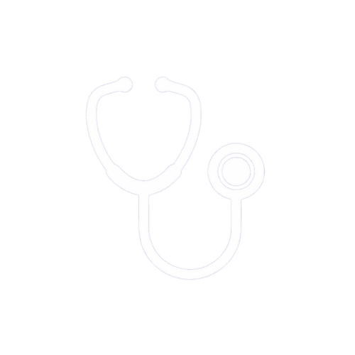 A white line-art icon of a stethoscope, featuring the earpieces, tubing, and chest piece, set against a gray and white checkered transparent background.