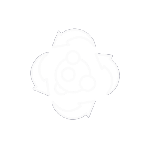 A white line-art icon featuring four curved arrows forming a continuous circle around a central cluster of three different-sized circles