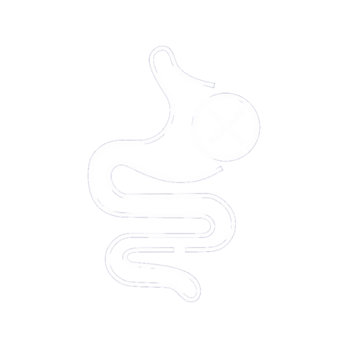 A glowing light blue neon line-art icon of the human digestive system, including the stomach and intestines.
