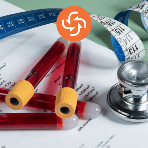 Blood test vials with stethoscope and measuring tape.