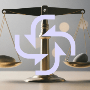 A golden scale of justice balanced with a smooth stone on each pan, overlaid with a light purple circular arrow icon representing a process or cycle.